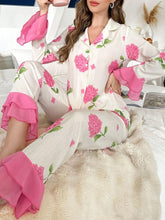 Floral Print Pleated Long Sleeve Contrast Pajama Womens Lingerie